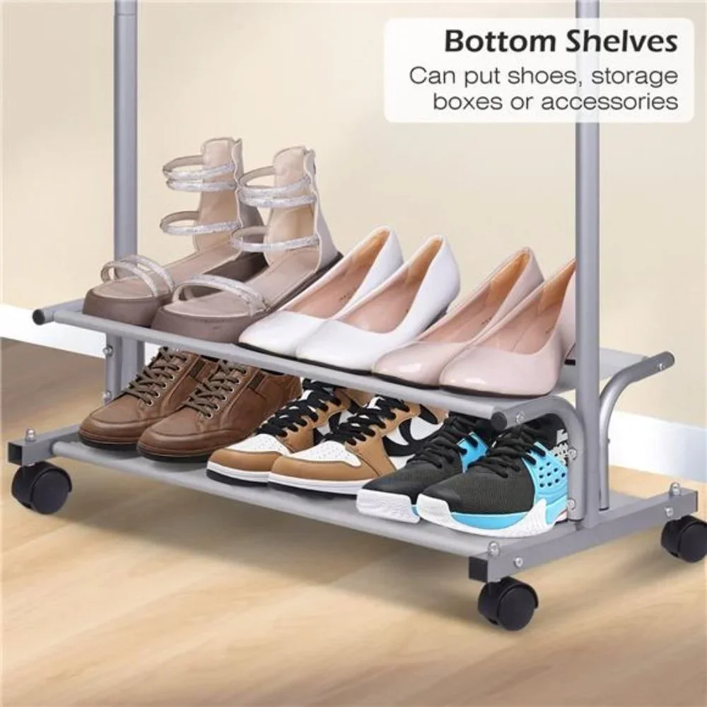 2 Shelves Clothing Racks, Garment Rack Heavy Duty Metal Wardrobe Rack, Grey - Picture 3 of 6